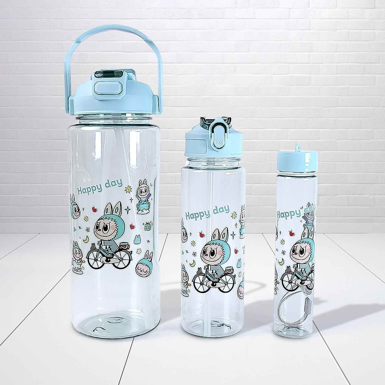 3 in 1 Plastic water drinking bottle with handle straw  (3 Pcs Set)