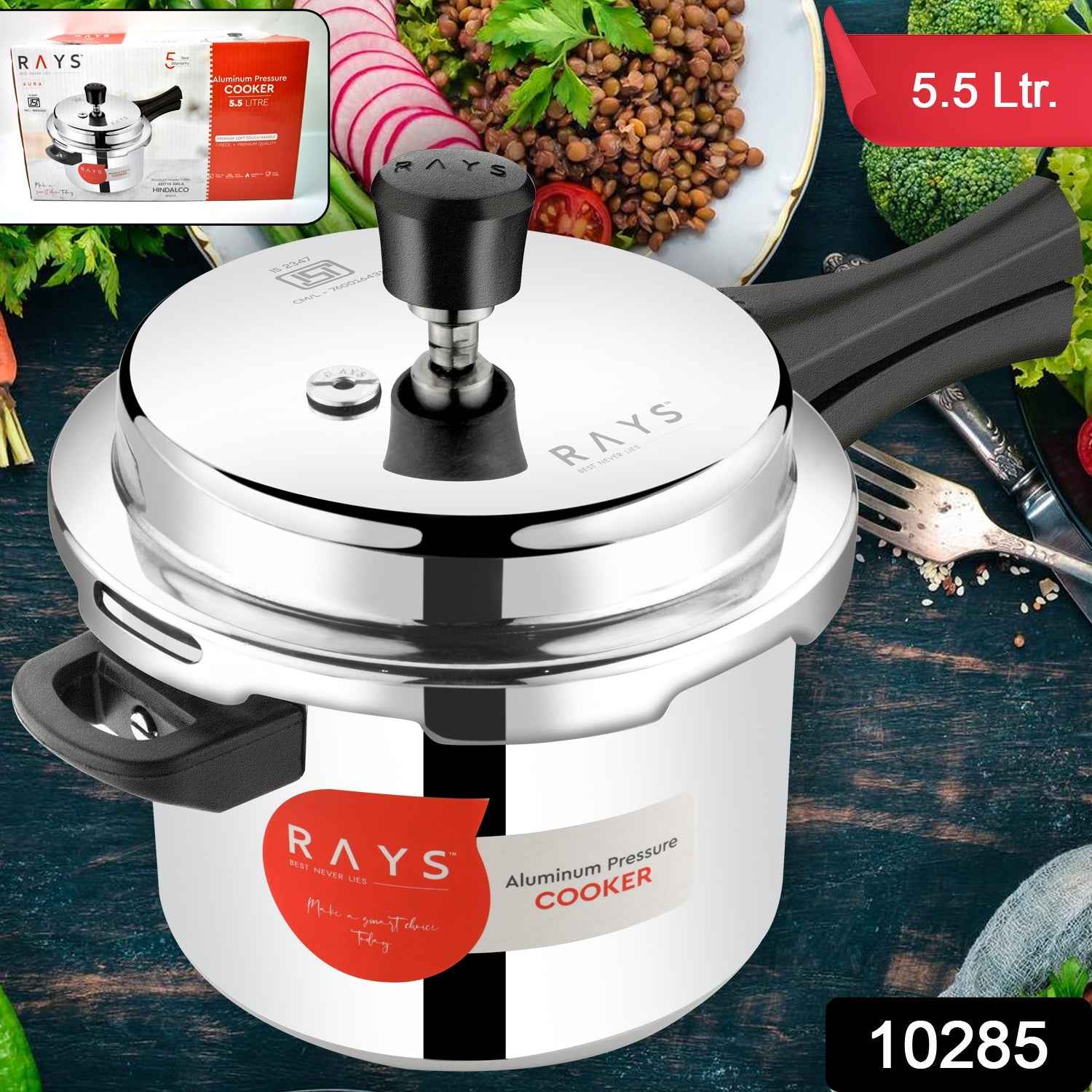 Aluminium Rays Aura Pressure Cookers With Outer Lid (5.5 Litres / 5-Year warranty,  ISI Number :- 2347, BIS Number :- CM/L -7600164310