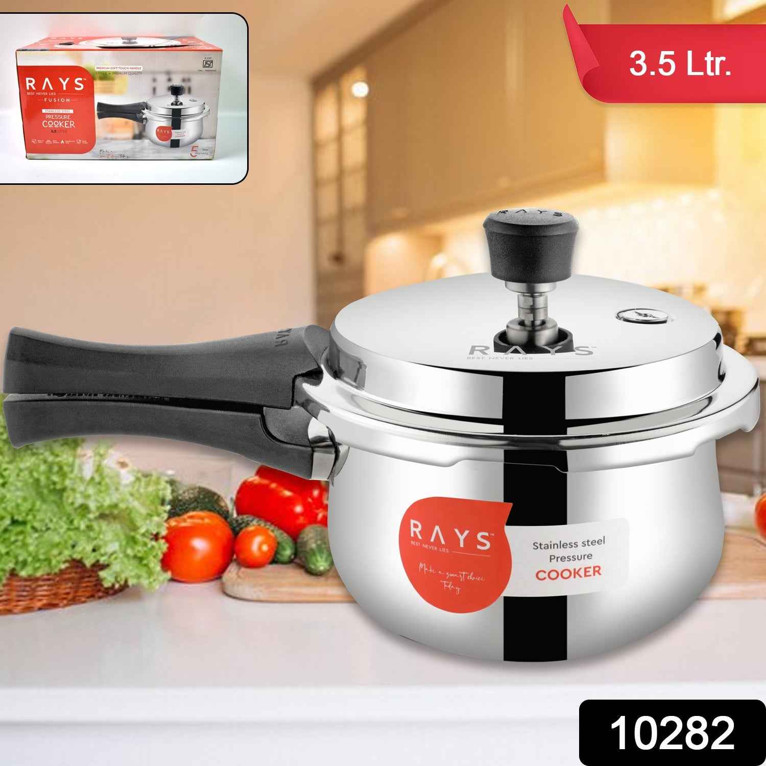 Stainless Steel Rays Fusion Pressure Cookers With Outer Lid (3.5 Litres / 5-Year warranty,  ISI Number :- 2347, BIS Number :- CM/L -7600164310