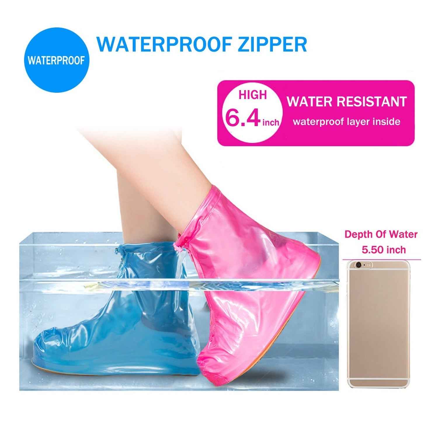 4541 Plastic Shoes Cover Reusable Anti-Slip Boots Zippered Overshoes Covers Pink, Transparent Waterproof Snow Rain Boots for Kids/Adult Shoes, for Rainy Season (XL Size1 Pairs)