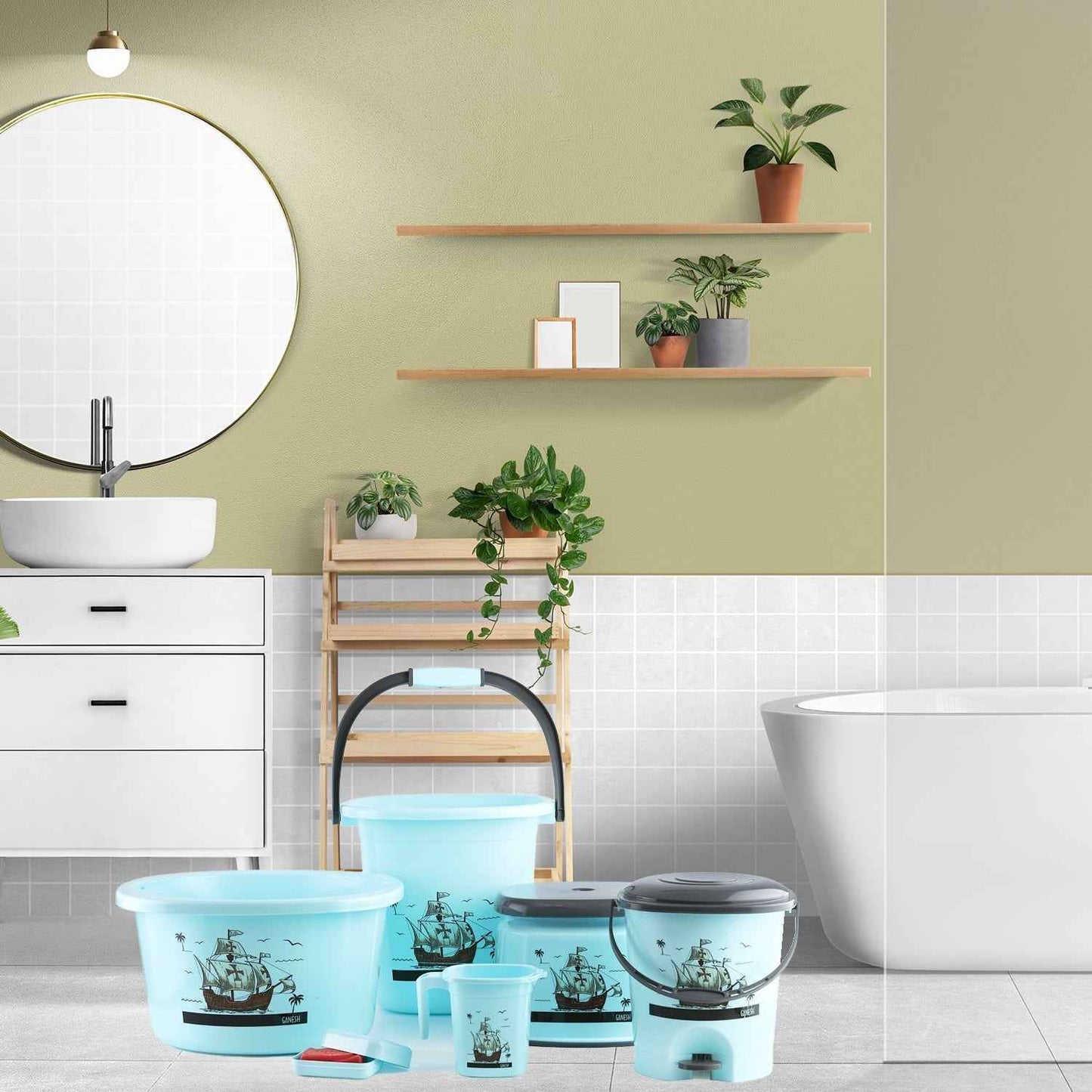 Plastic Bathroom Accessories Set 6 pcs Bath Set Bathroom Bucket with Dustbin Mug, Stool, Soap Case,Tub (MOQ :- 4 Pc / Mix Color )