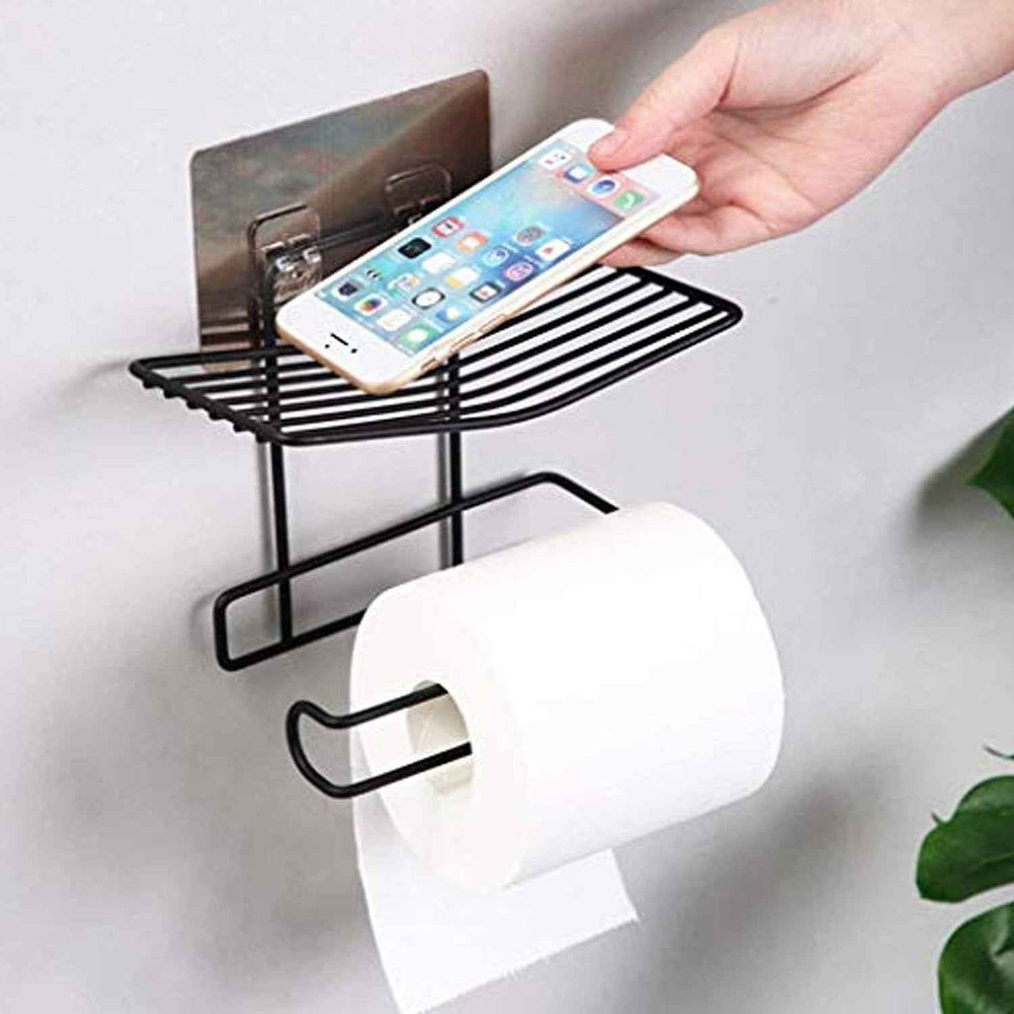 Iron Black Coated Self Adhesive Wall Mounted Tissue / Toilet Paper Holder