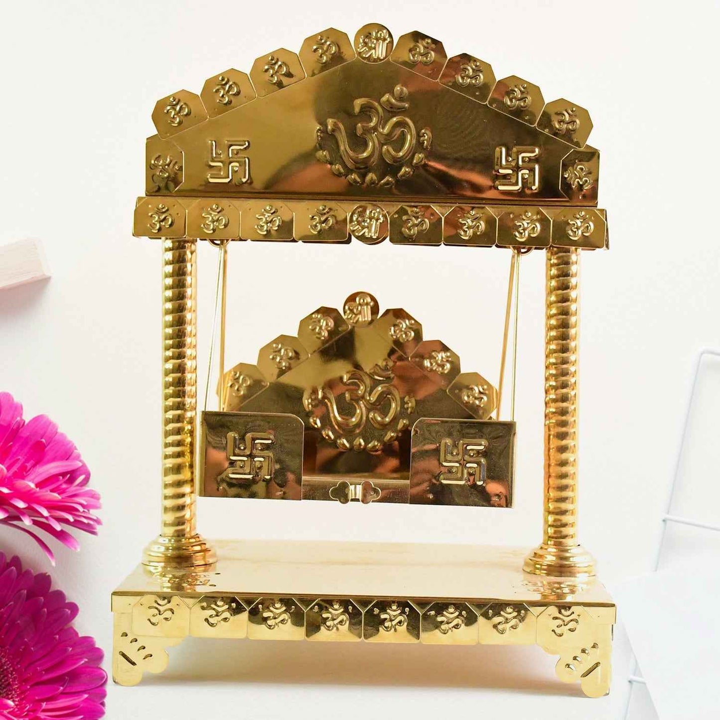 Traditional Brass-Coated Decorative Mini Jhula (Swing) for God Idol – 2 Pc