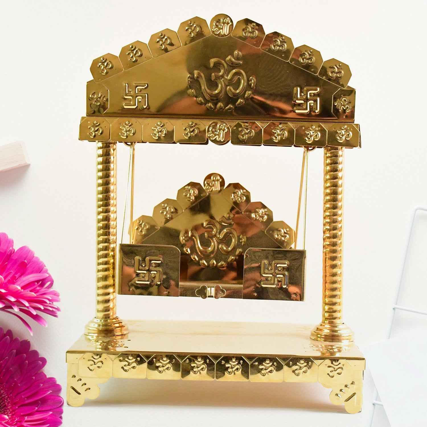 Traditional Brass-Coated Decorative Mini Jhula (Swing) for God Idol – 2 Pc