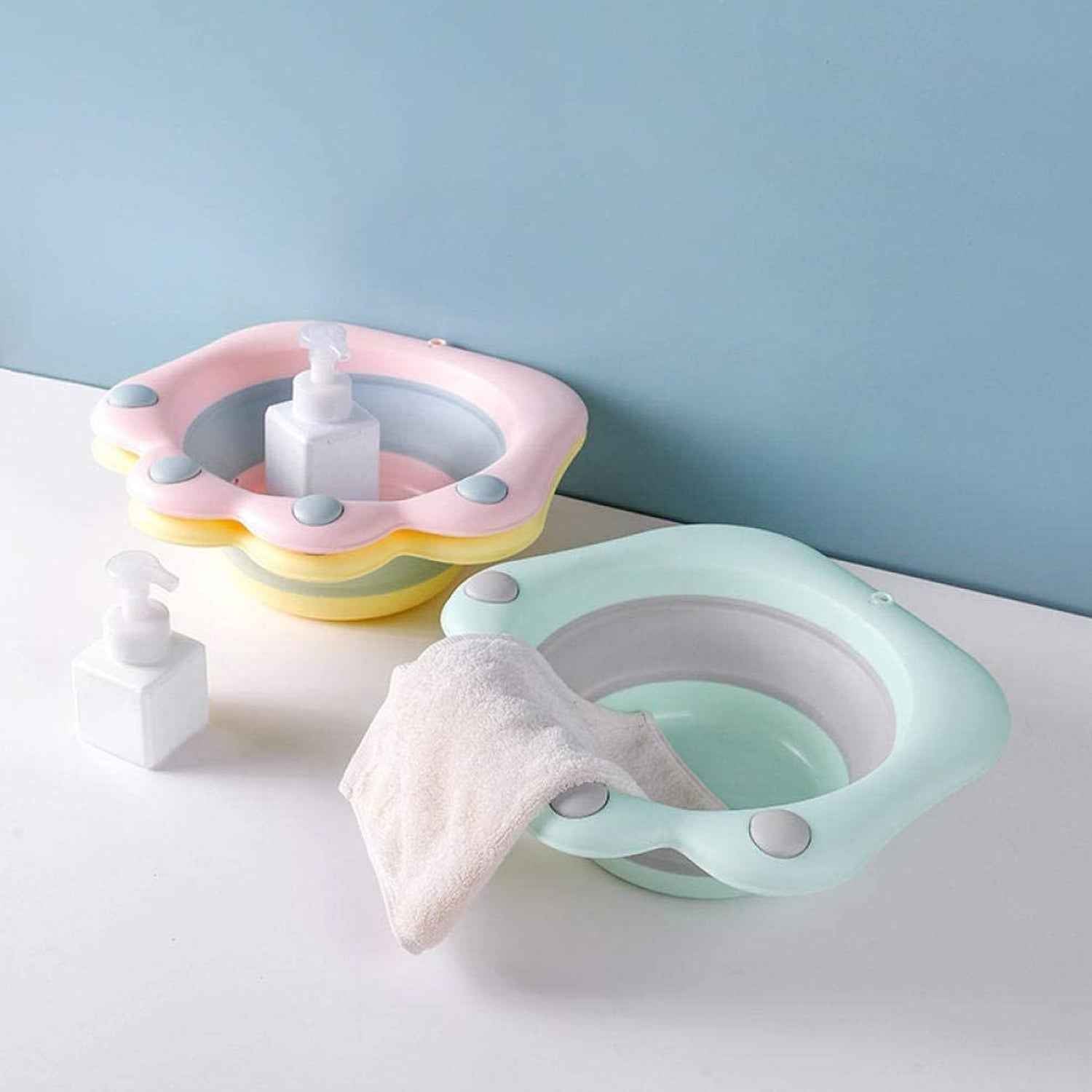 Folding washbasin Folding Wash Basin Household Plastic Portable Laundry Basin Bathroom Foot-washing Basin Cute cartoon wash basin foot wash basin-Pink color Folding basin