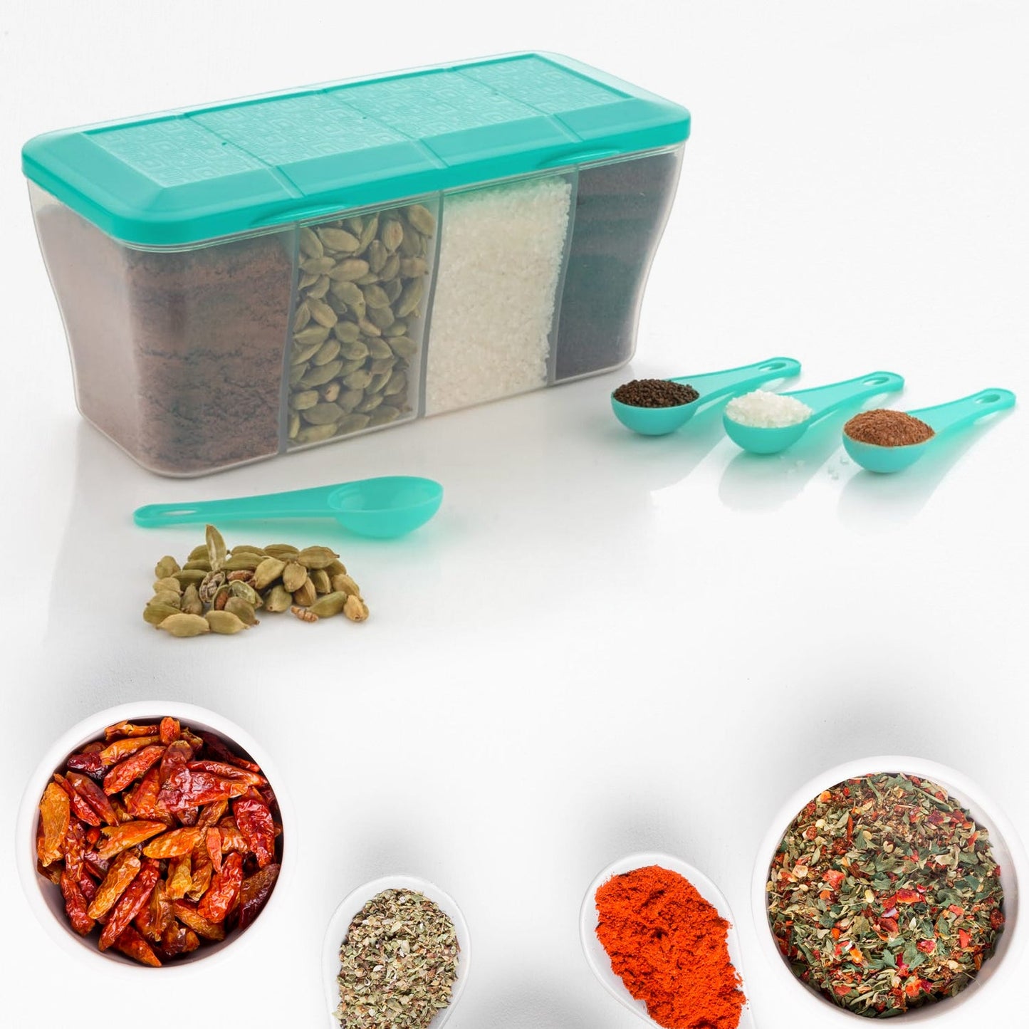 Kitchen Airtight 4-Section Storage Container / Pickle Jar 4 Spoons (1 Pc / Mix Color)