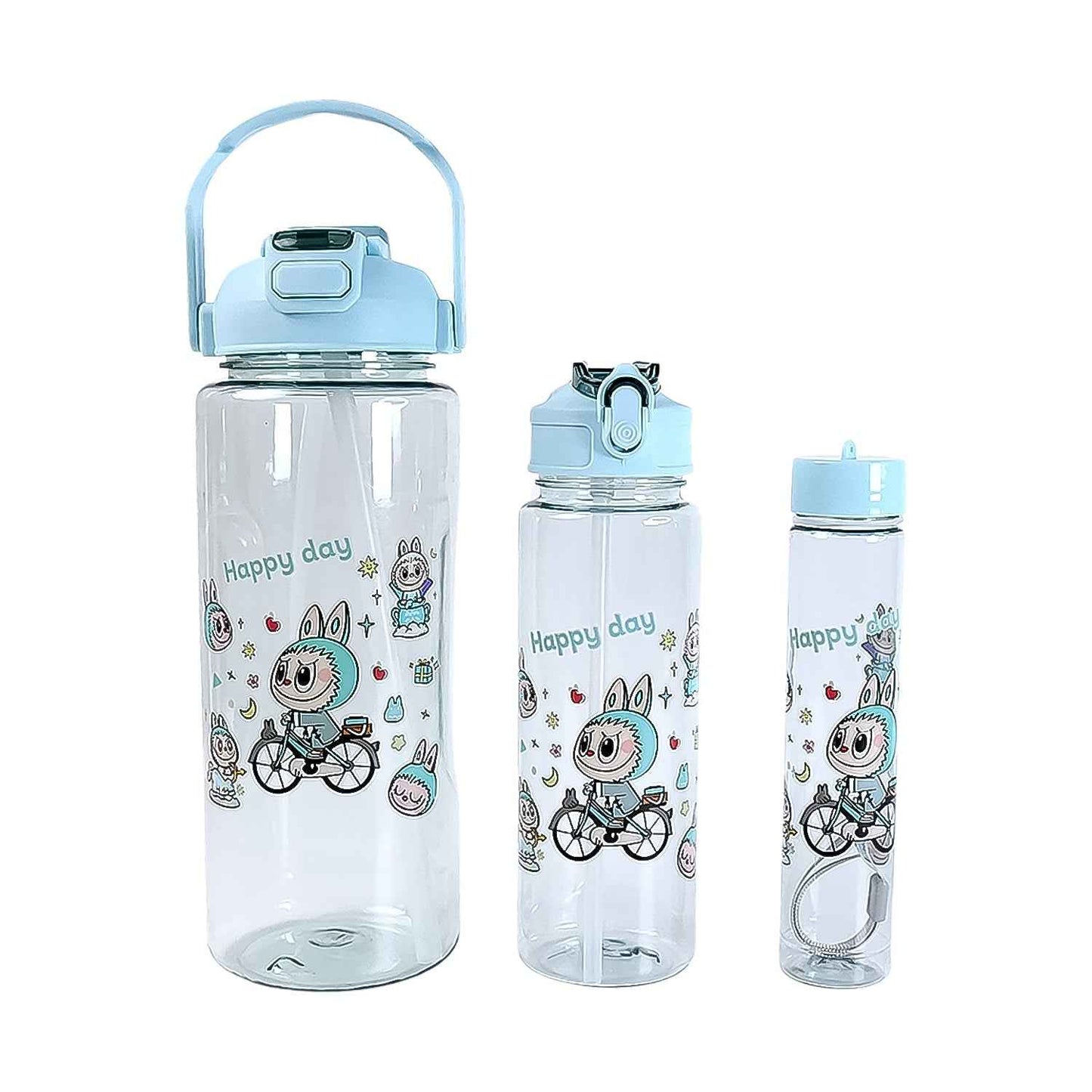 3 in 1 Plastic water drinking bottle with handle straw  (3 Pcs Set)