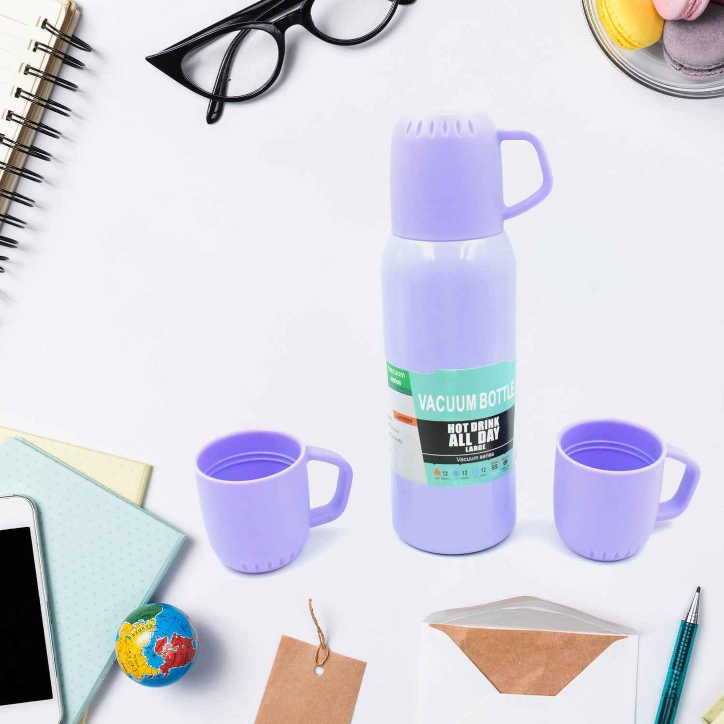Vacuum Flask Set – Stainless Steel Thermos with 3 Cups, Approx 500ml