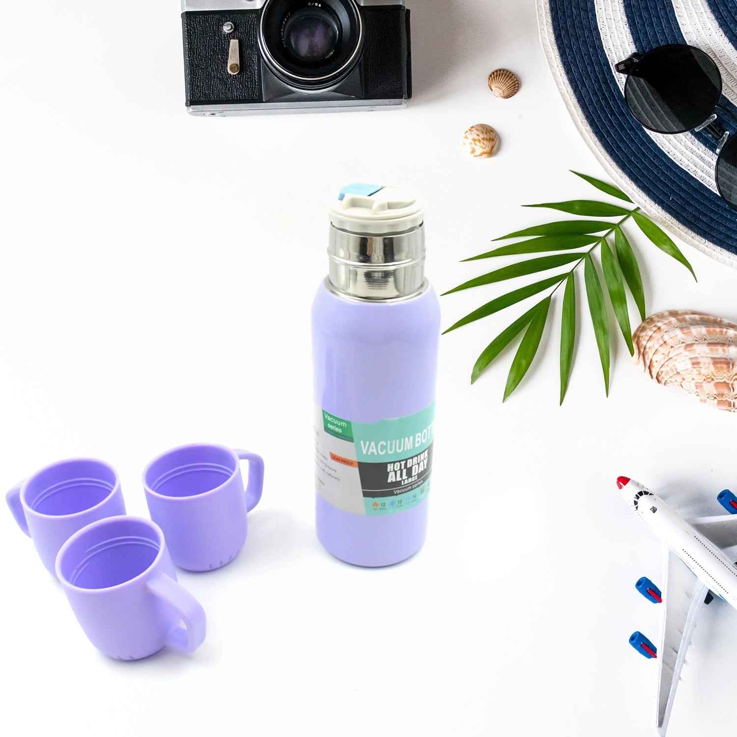 Vacuum Flask Set – Stainless Steel Thermos with 3 Cups, Approx 500ml