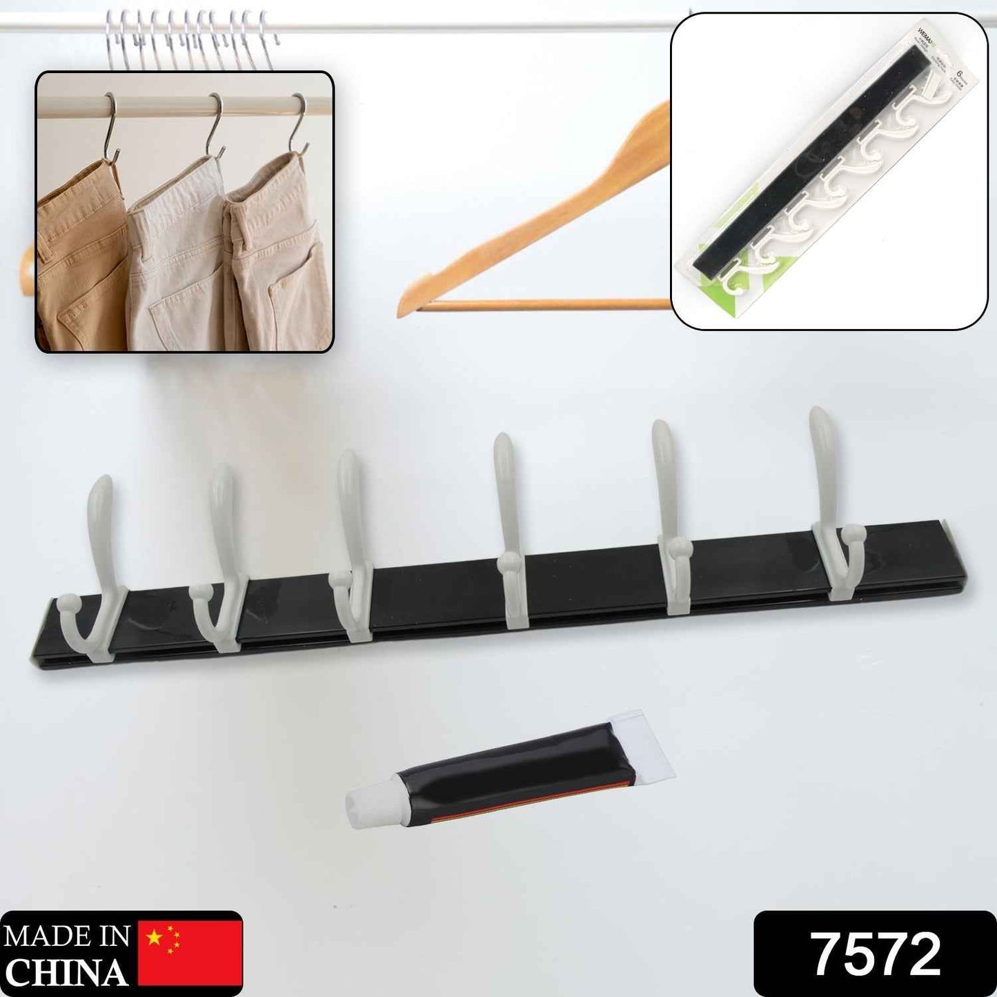 Wall Door Hook Rail | 6 Hook Hanger for Clothes & Hats | With Eco-Friendly Adhesive