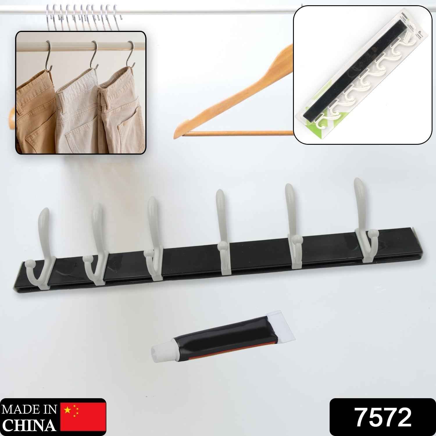 Wall Door Hook Rail | 6 Hook Hanger for Clothes & Hats | With Eco-Friendly Adhesive