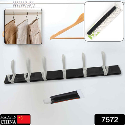 Wall Door Hook Rail | 6 Hook Hanger for Clothes & Hats | With Eco-Friendly Adhesive
