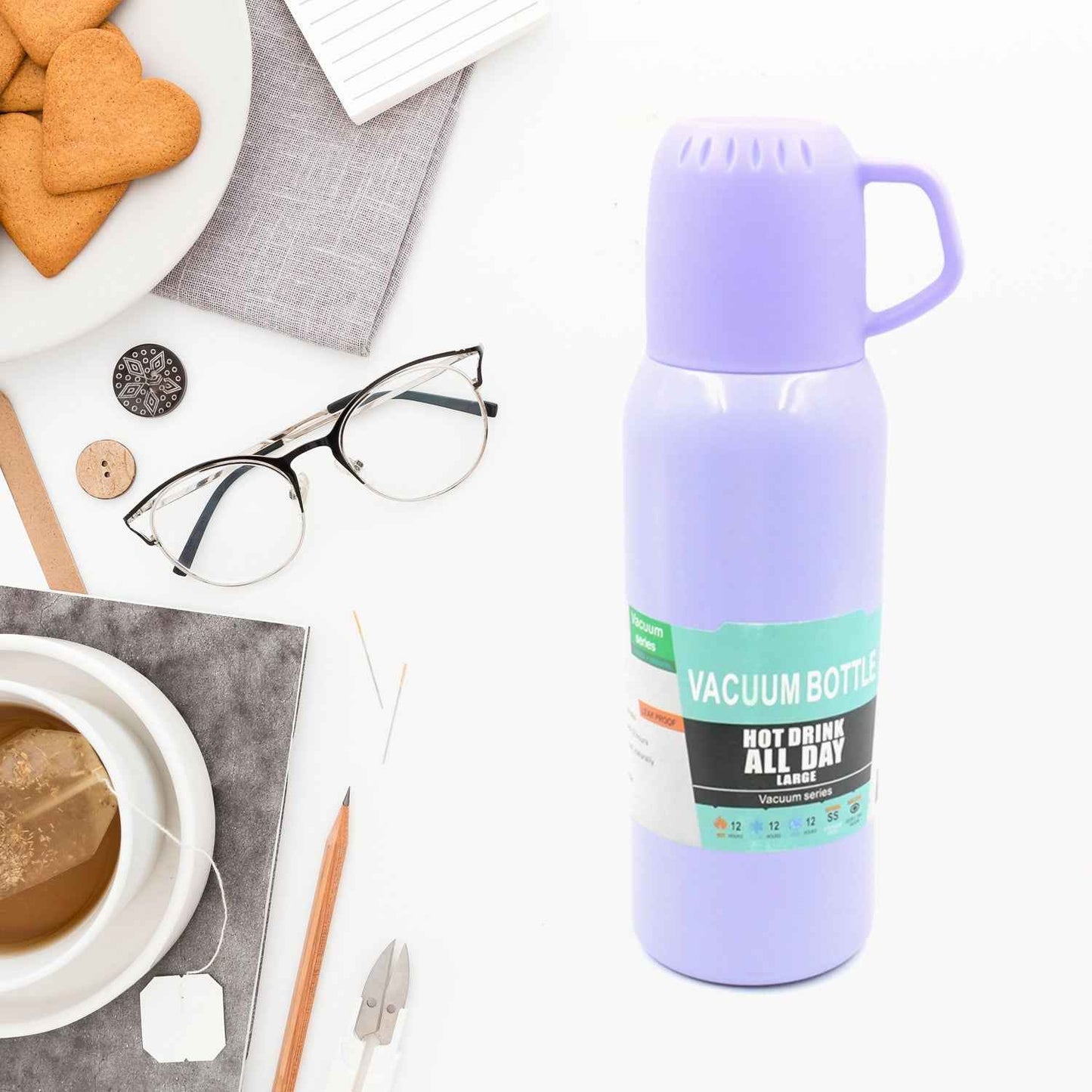 Vacuum Flask Set – Stainless Steel Thermos with 3 Cups, Approx 500ml