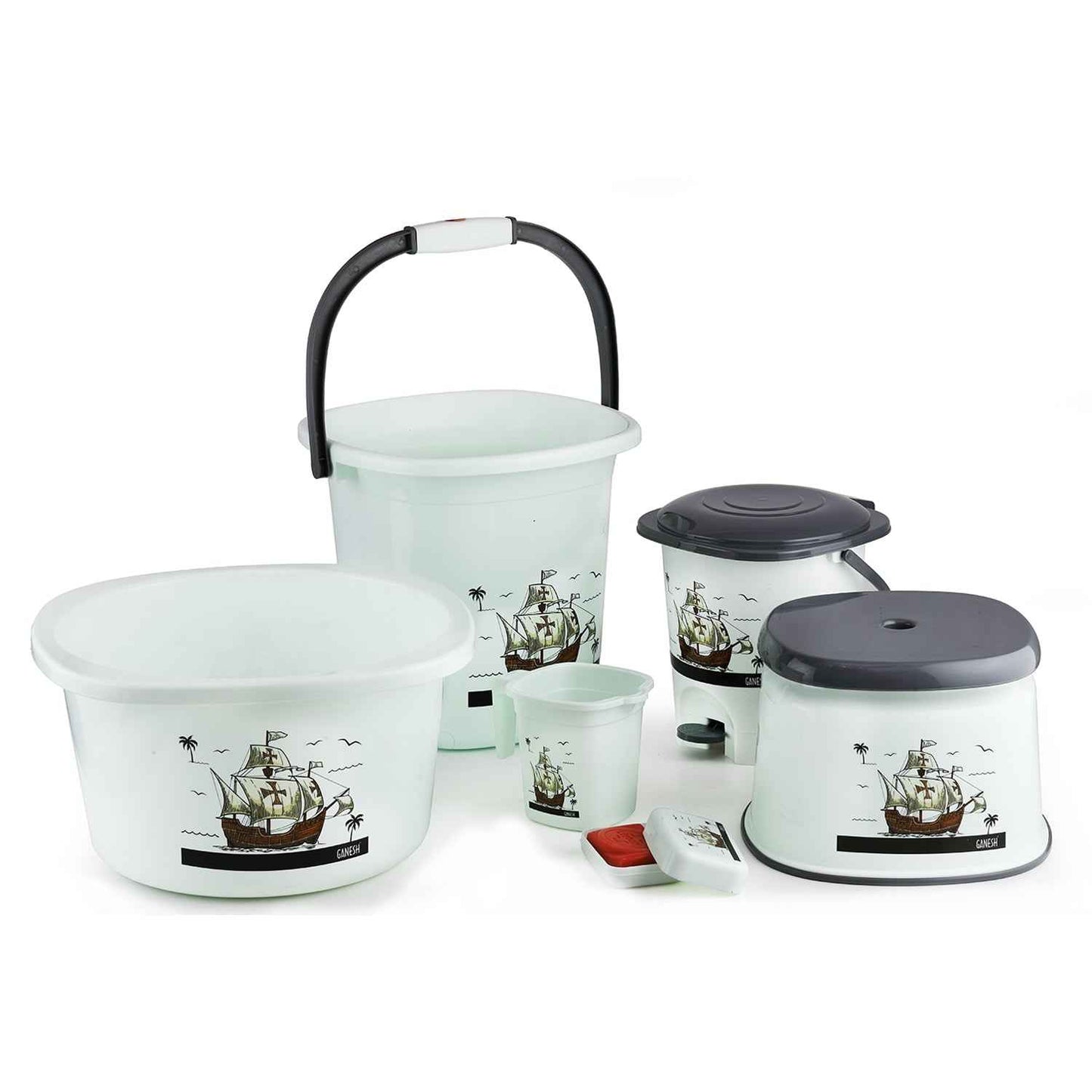 Plastic Bathroom Accessories Set 6 pcs Bath Set Bathroom Bucket with Dustbin Mug, Stool, Soap Case,Tub (MOQ :- 4 Pc / Mix Color )