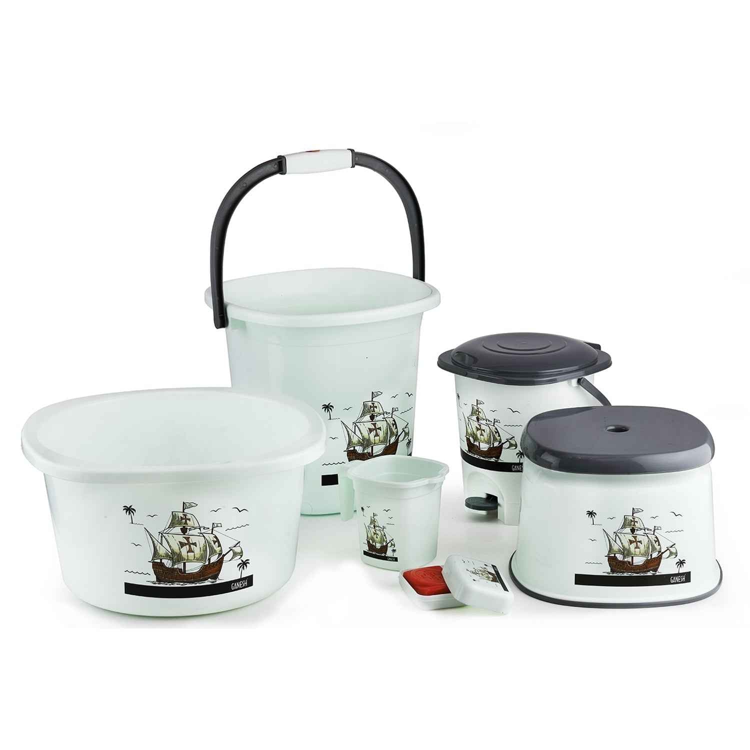 Plastic Bathroom Accessories Set 6 pcs Bath Set Bathroom Bucket with Dustbin Mug, Stool, Soap Case,Tub (MOQ :- 4 Pc / Mix Color )