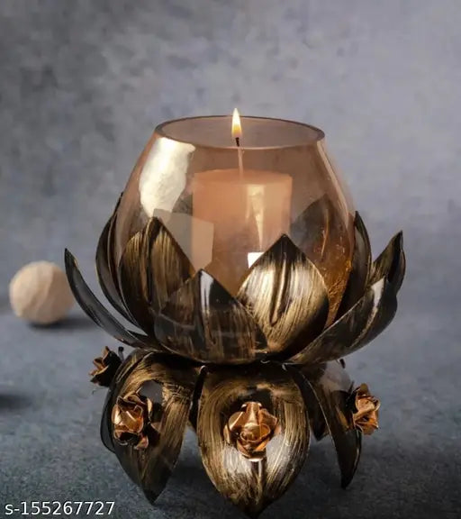 Metal Lotus Flower Shape Candle Tealight Holder with Crackled Glass Iron Candle Holder Set (Gold Pack of 1) 