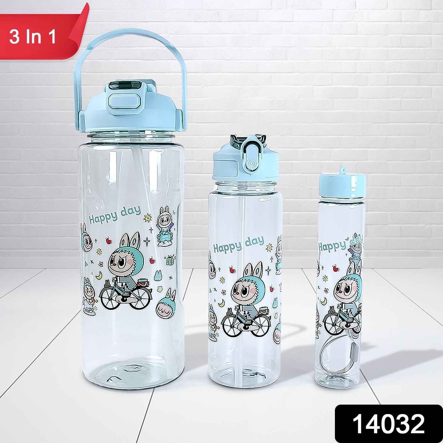 3 in 1 Plastic water drinking bottle with handle straw  (3 Pcs Set)