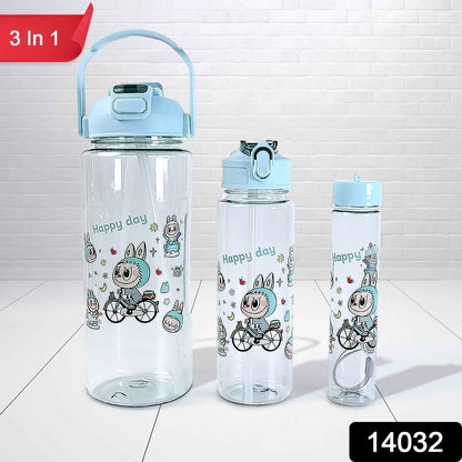 3 in 1 Plastic water drinking bottle with handle straw  (3 Pcs Set)