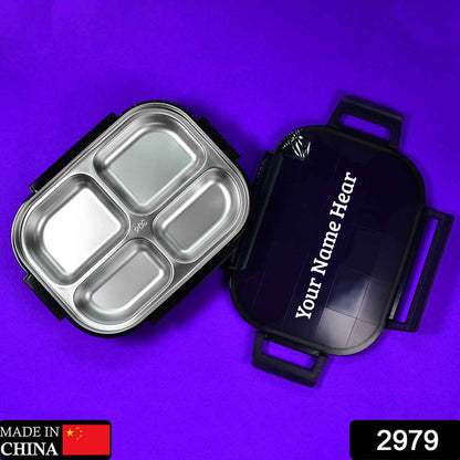 Customize Black Transparent 4 Compartment Lunch Box for Kids and adults, Stainless Steel Lunch Box with 4 Compartments For Office, Travel, School, Home