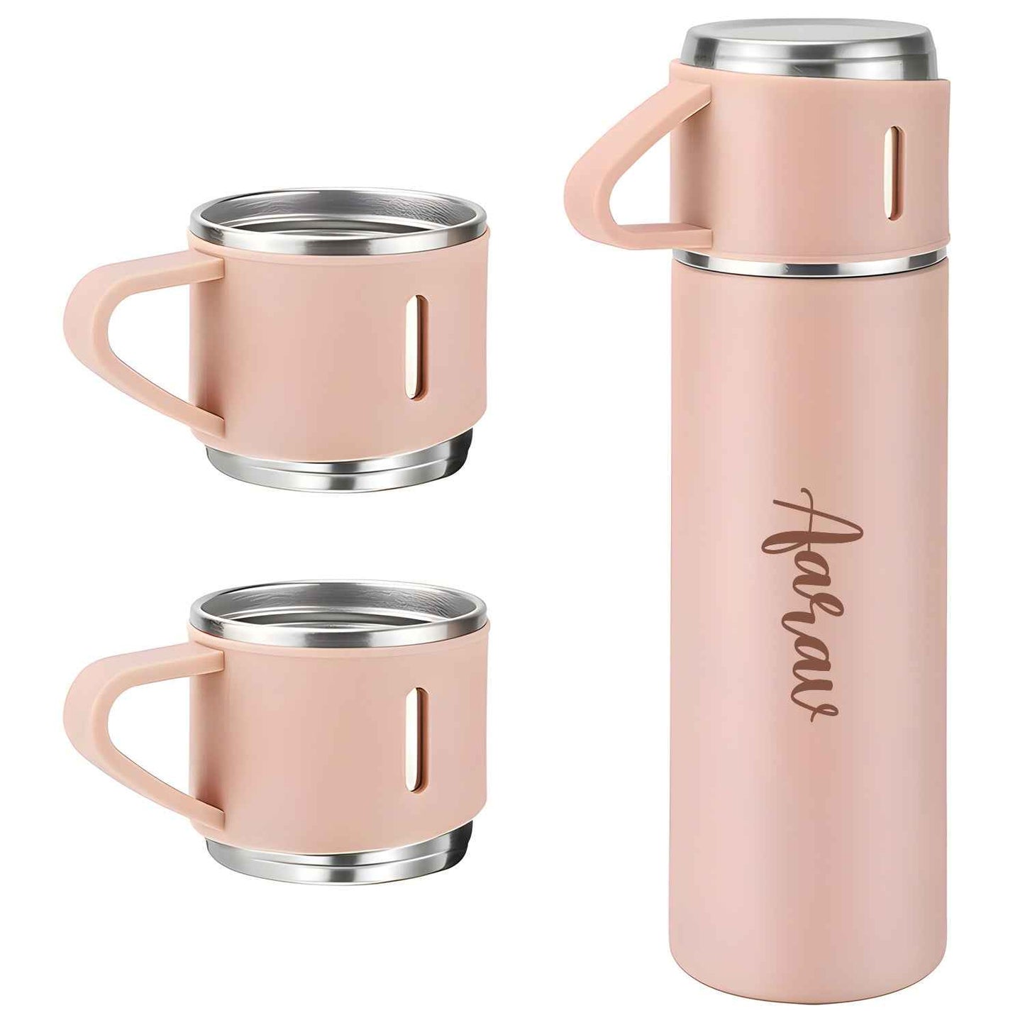 Customized Stainless Steel Vacuum Flask Set with 3 Cups – 500ML | Personalized Name Bottle Gift Combo for Boyfriend, Girlfriend, Employee