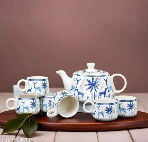Kraphy Hand Painted Ceramic Tea Kettle Set with 6 Cups(150ml), 1 Kettle(400ml)ceramic Good Morning Set- Set of 7 color- Multicolor, Microwave Safe 