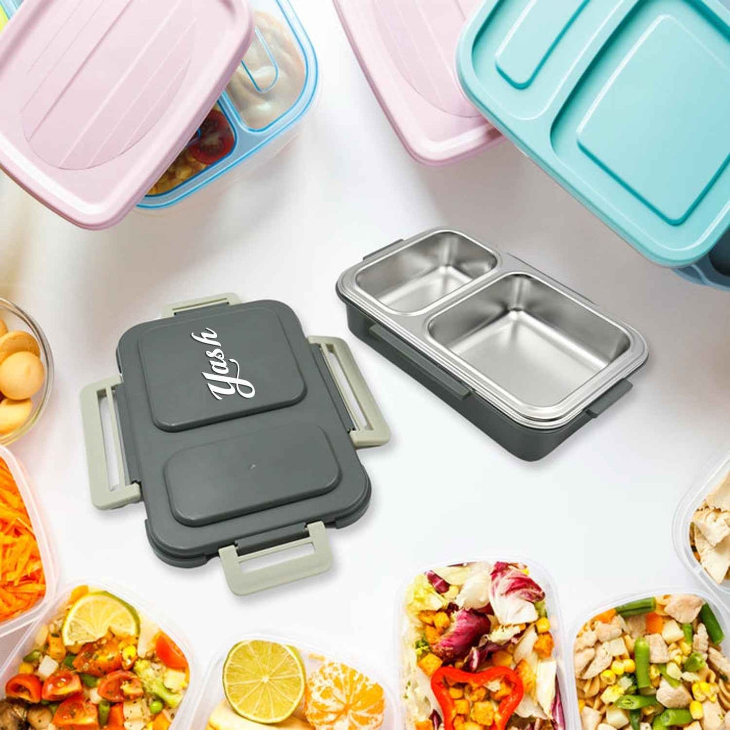 Customize Miracle Quick Lock Leak Proof 2 Compartment Stainless Steel LUNCH BOX Inner Plate Reusable Microwave Freezer Safe Lunch Box Trendy Thermal Insulation Leak Proof for Office Vacuum Tiffin Box for Boys / Girls / School / Office Women and Men 