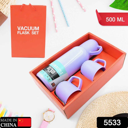 Vacuum Flask Set – Stainless Steel Thermos with 3 Cups, Approx 500ml