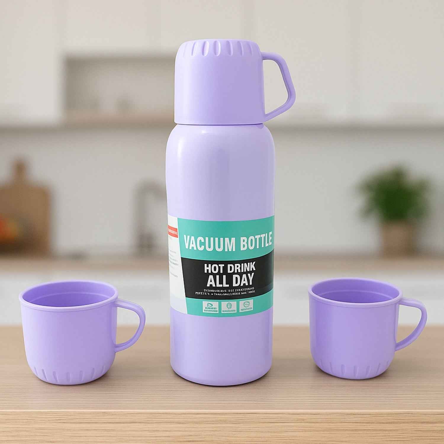 Vacuum Flask Set – Stainless Steel Thermos with 3 Cups, Approx 500ml