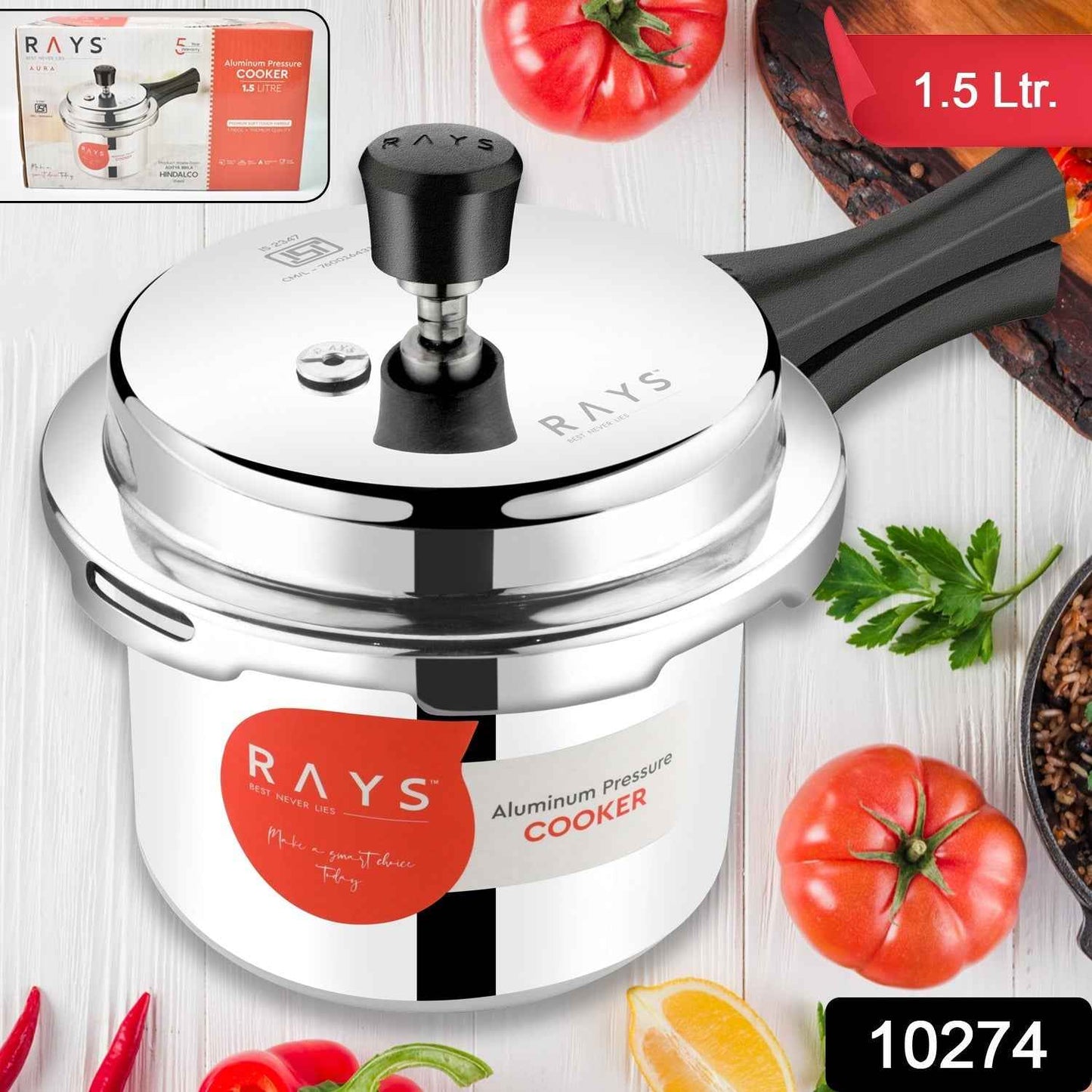 Aluminium Rays Aura Pressure Cookers With Outer Lid (1.5 Litres / 5-Year warranty,  ISI Number :- 2347, BIS Number :- CM/L -7600164310