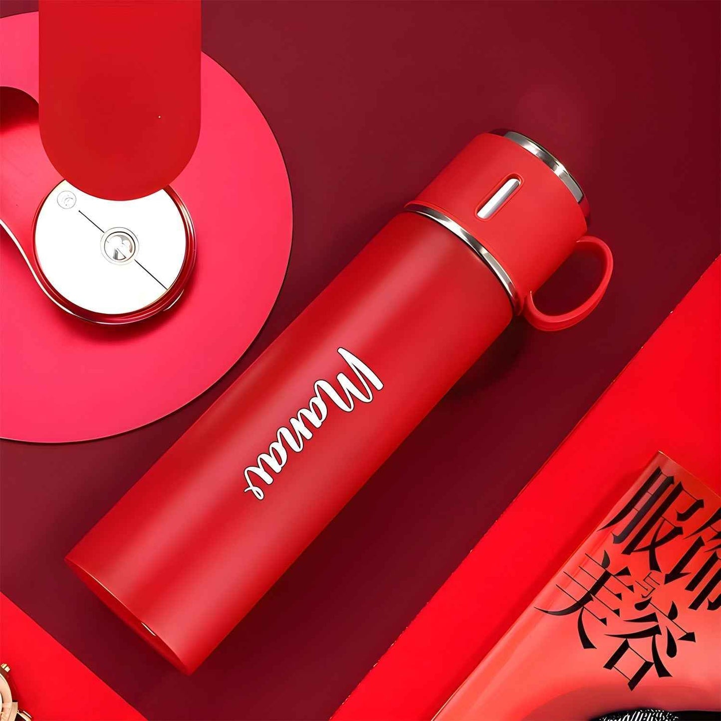 Customized Stainless Steel Vacuum Flask Set with 3 Cups – 500ML | Personalized Name Bottle Gift Combo for Boyfriend, Girlfriend, Employee