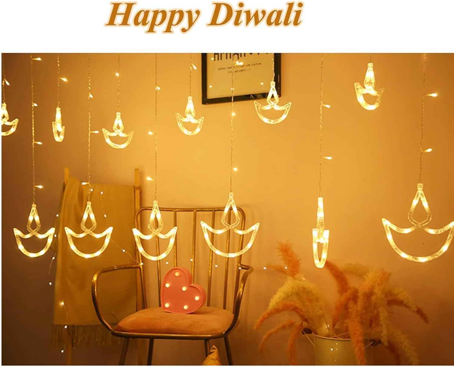 Refulgix Warm White Diya/Diwali Light Curtain, Led String Copper Lights with Pack of 1 Hanging Diyas, 8 Flashing Modes, Decoration, Prong Base, 2.5 Meters