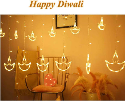 Refulgix Warm White Diya/Diwali Light Curtain, Led String Copper Lights with Pack of 1 Hanging Diyas, 8 Flashing Modes, Decoration, Prong Base, 2.5 Meters