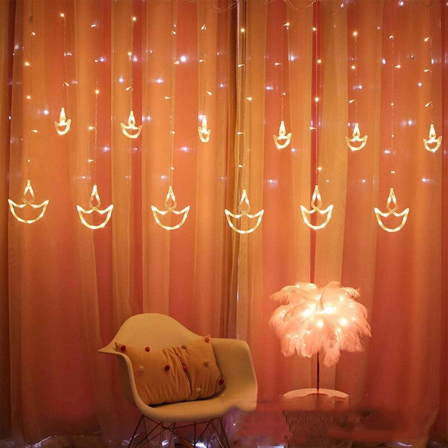Refulgix Warm White Diya/Diwali Light Curtain, Led String Copper Lights with Pack of 1 Hanging Diyas, 8 Flashing Modes, Decoration, Prong Base, 2.5 Meters