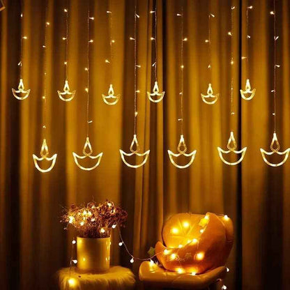 Refulgix Warm White Diya/Diwali Light Curtain, Led String Copper Lights with Pack of 1 Hanging Diyas, 8 Flashing Modes, Decoration, Prong Base, 2.5 Meters