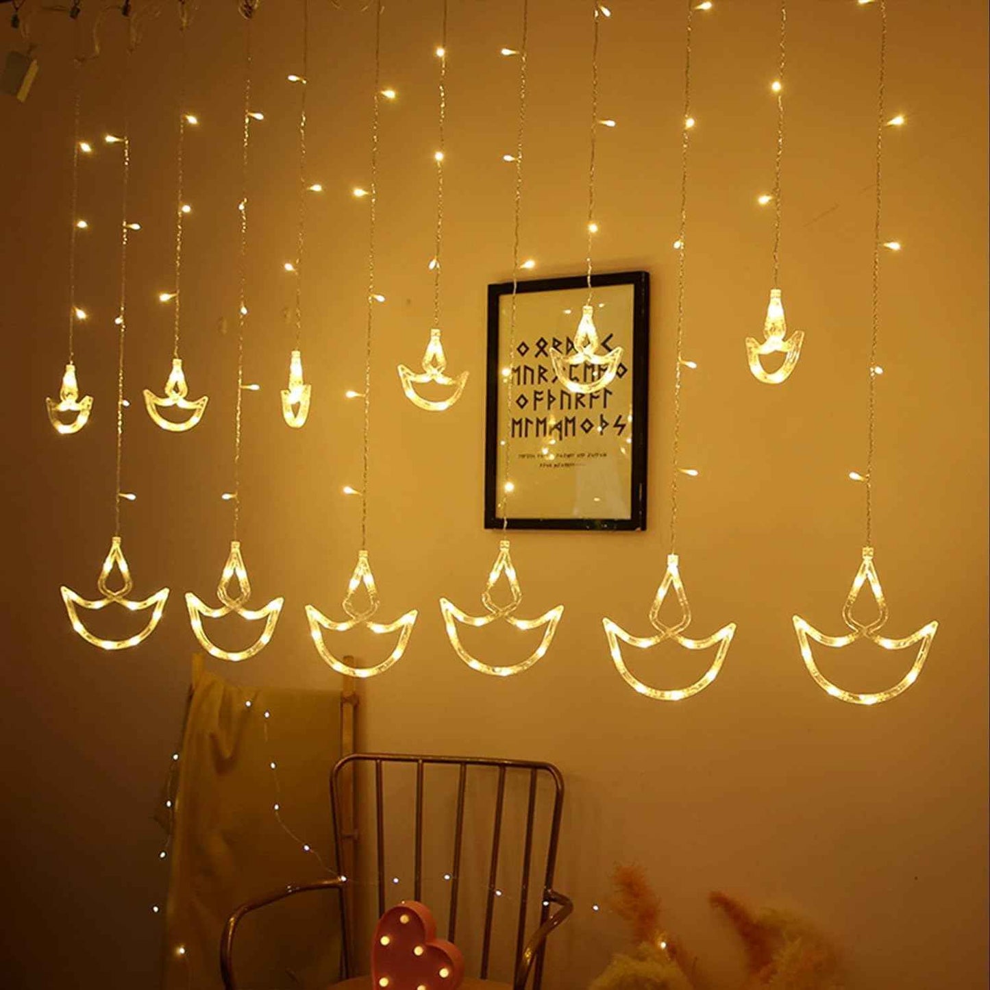 Refulgix Warm White Diya/Diwali Light Curtain, Led String Copper Lights with Pack of 1 Hanging Diyas, 8 Flashing Modes, Decoration, Prong Base, 2.5 Meters