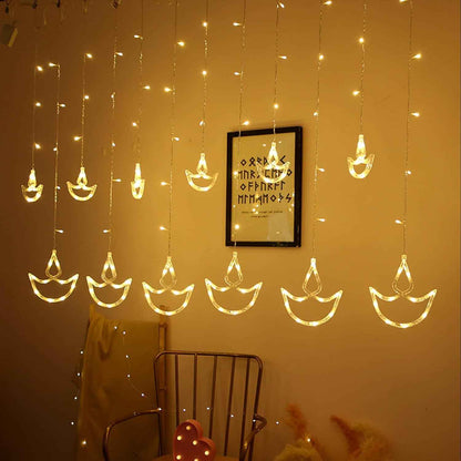 Refulgix Warm White Diya/Diwali Light Curtain, Led String Copper Lights with Pack of 1 Hanging Diyas, 8 Flashing Modes, Decoration, Prong Base, 2.5 Meters