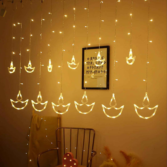 Refulgix Warm White Diya/Diwali Light Curtain, Led String Copper Lights with Pack of 1 Hanging Diyas, 8 Flashing Modes, Decoration, Prong Base, 2.5 Meters