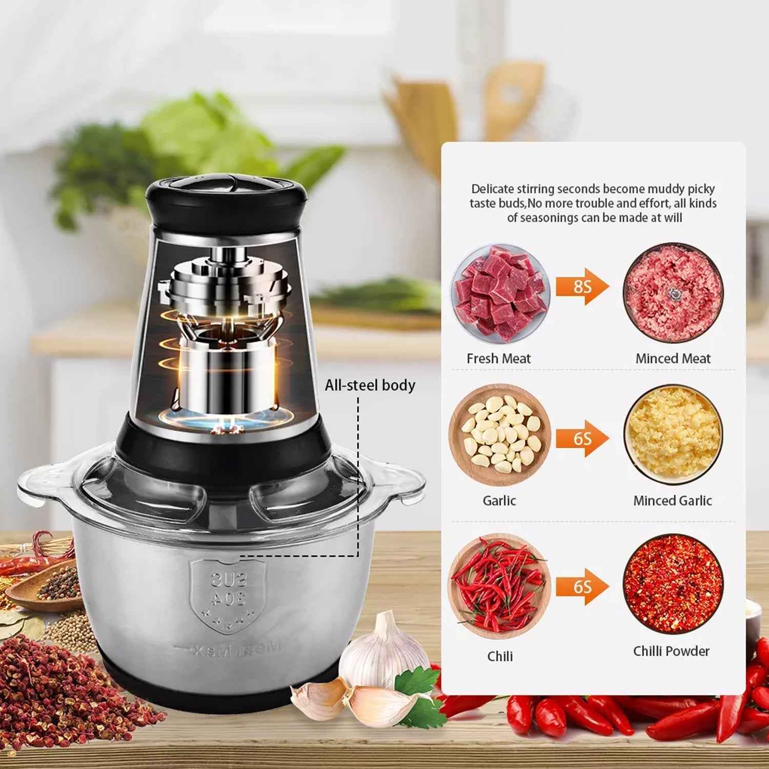 3Ltr Electric Food Processor Stainless Steel Onion Cutter Multi Chopper 2 Speed Levels 5 Blades Universal Chopper for kitchen