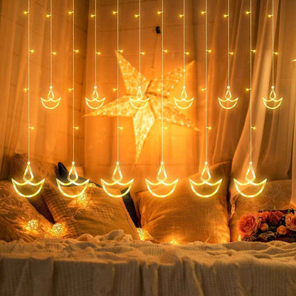 Refulgix Warm White Diya/Diwali Light Curtain, Led String Copper Lights with Pack of 1 Hanging Diyas, 8 Flashing Modes, Decoration, Prong Base, 2.5 Meters