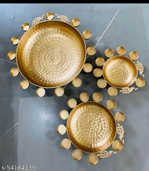 Kraphy Peacock Border Designer Decorative Urli Set Beautiful Handcrafted Bowl for Floating Flowers and Tea Light Candles Home, Office and Table Decor Set of -3 (peacock Design) 