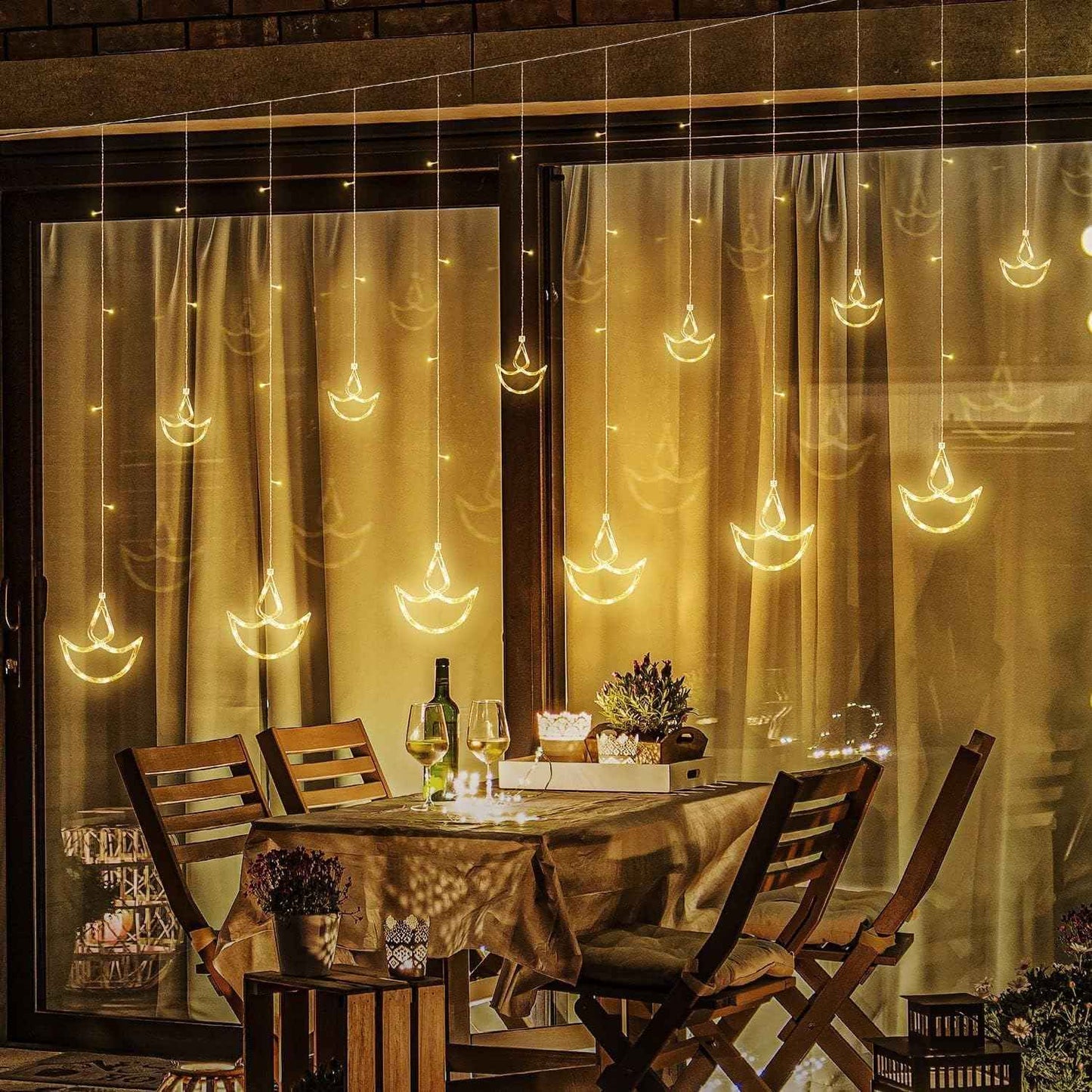 Refulgix Warm White Diya/Diwali Light Curtain, Led String Copper Lights with Pack of 1 Hanging Diyas, 8 Flashing Modes, Decoration, Prong Base, 2.5 Meters