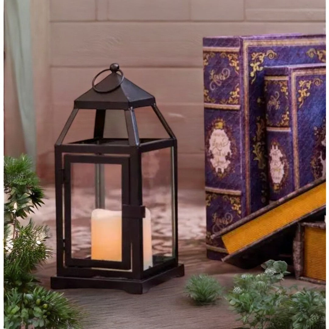 Clear Glass and Iron Classic Style Lantern Candle Holder 12 Inch High with Pillar Candle 