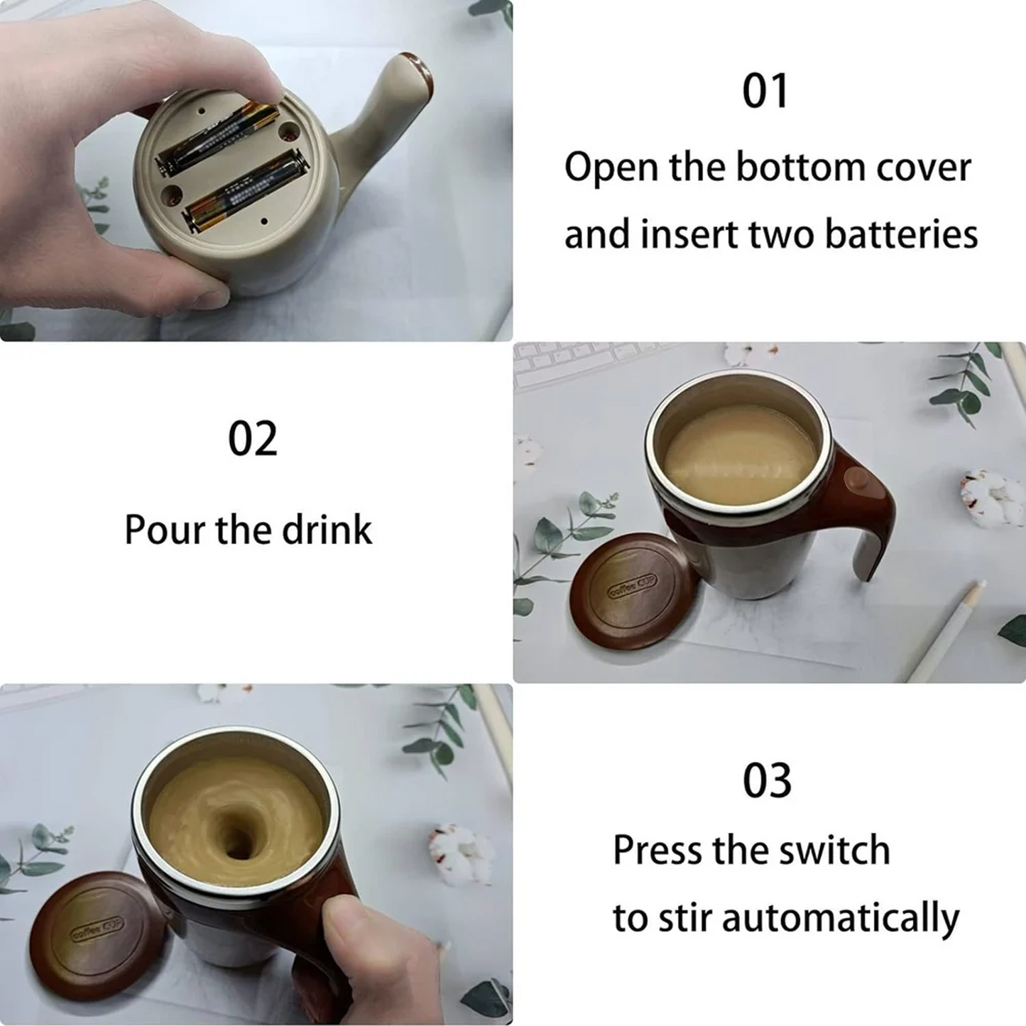 Stirring Coffee Mug | Magnetic Stirring Coffee Cup | Stainless Steel Mug for Milk | Travel Mixing Cup | Self Stirring Coffee Mug, Suitable for Coffee / Milk / Hot Chocolat | Battery Operated ( Battery Not Included)
