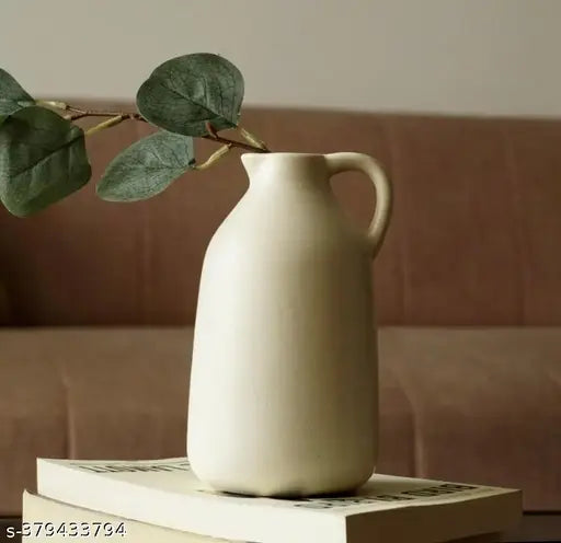 Kraphy White Ceramic Bottle Vase Set of 1  Decorative Gift 