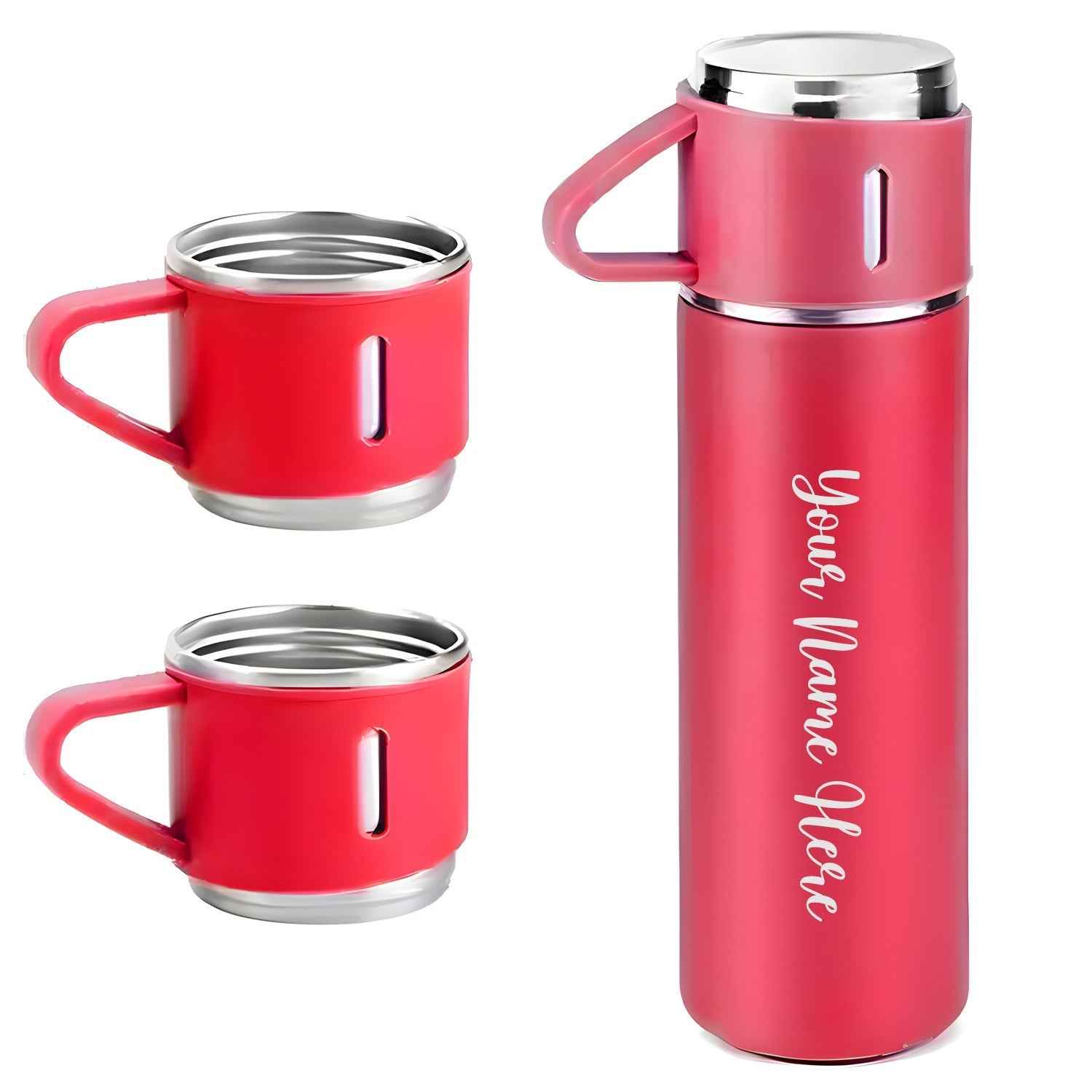 Customized Stainless Steel Vacuum Flask Set with 3 Cups – 500ML | Personalized Name Bottle Gift Combo for Boyfriend, Girlfriend, Employee