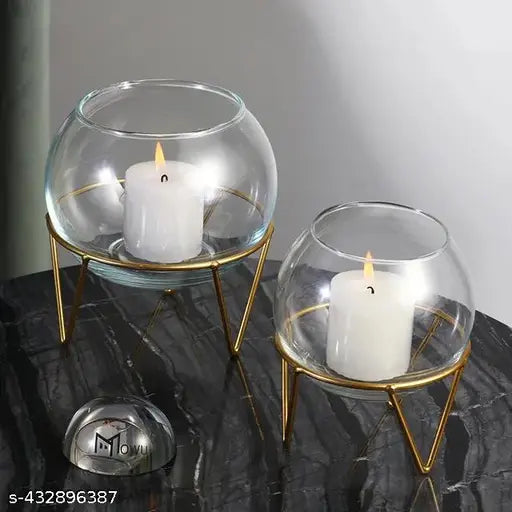 Glass Hydroponic Medium Vase in Metal Stand Candle Holder (Set of 2) 
