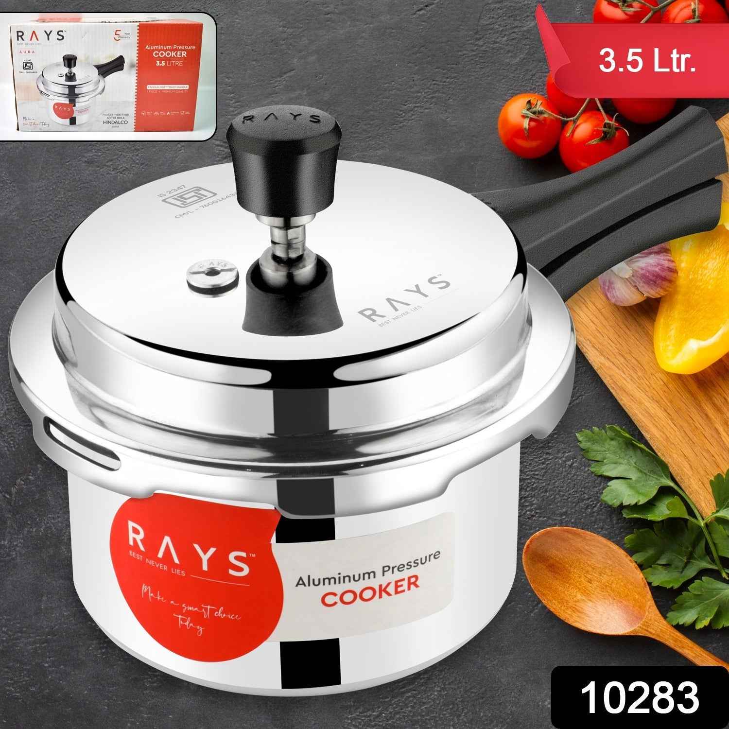 Aluminium Rays Aura Pressure Cookers With Outer Lid (3.5 Litres / 5-Year warranty,  ISI Number :- 2347, BIS Number :- CM/L -7600164310
