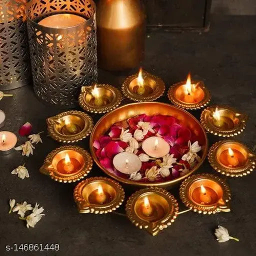 New Shaped Metal Urli Bowl - Decorative Lotus Design-Diya Urli - Home Décor Showpieces 