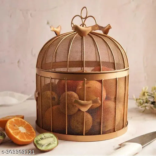 Kraphy Fruit Basket with mesh (Jaali) & Lid Countertop Ideal for Storing Fruits Vegetables (Golden) 