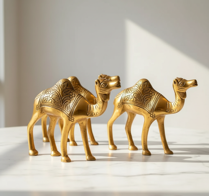 Handcrafted Golden Brass Camel Figurines Set - Traditional Rajasthani Home Decor